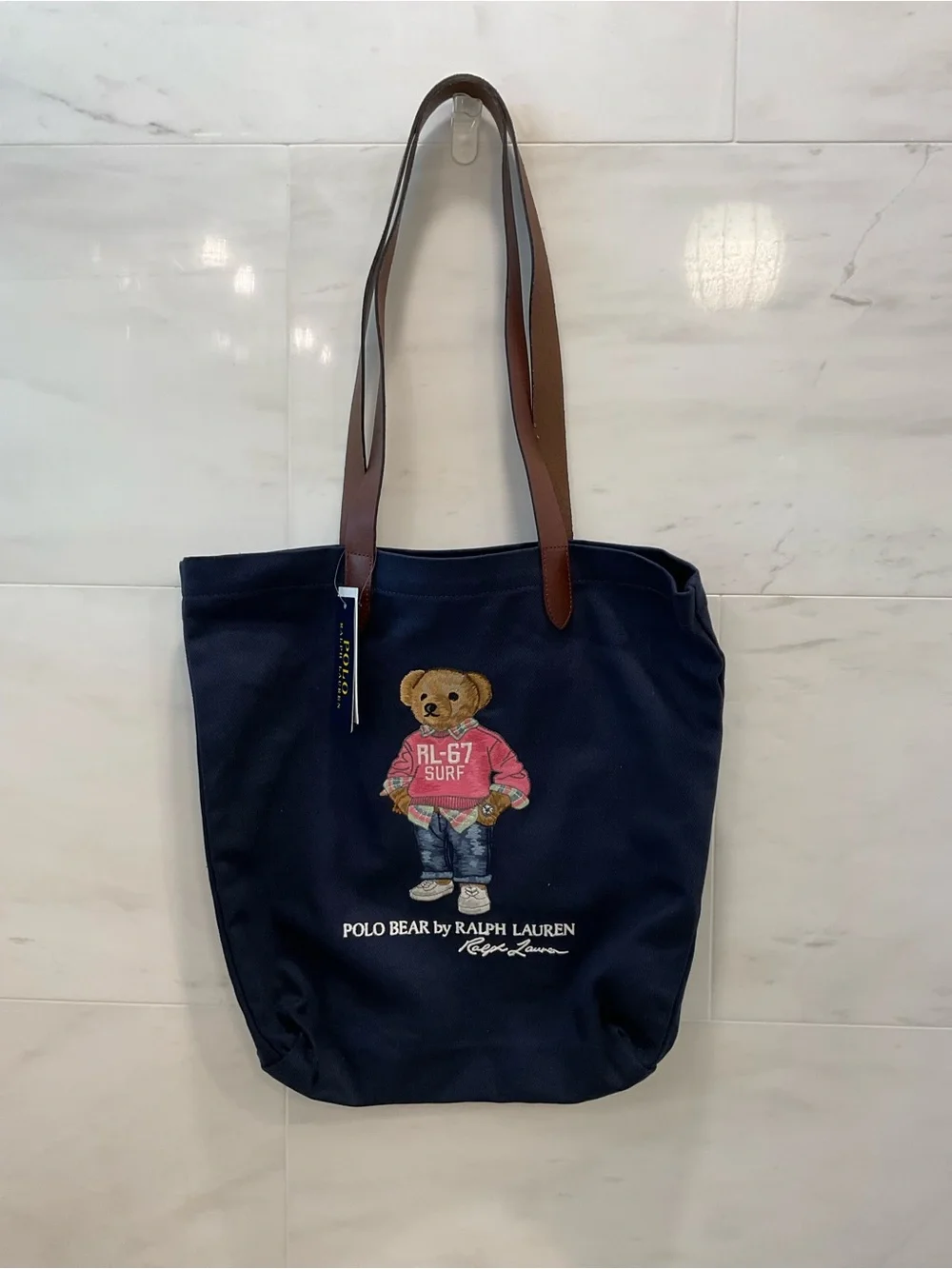 NWT Polo Ralph Lauren Navy RL-67 SURF BEAR Cotton Twill Embroidered Tote Bag